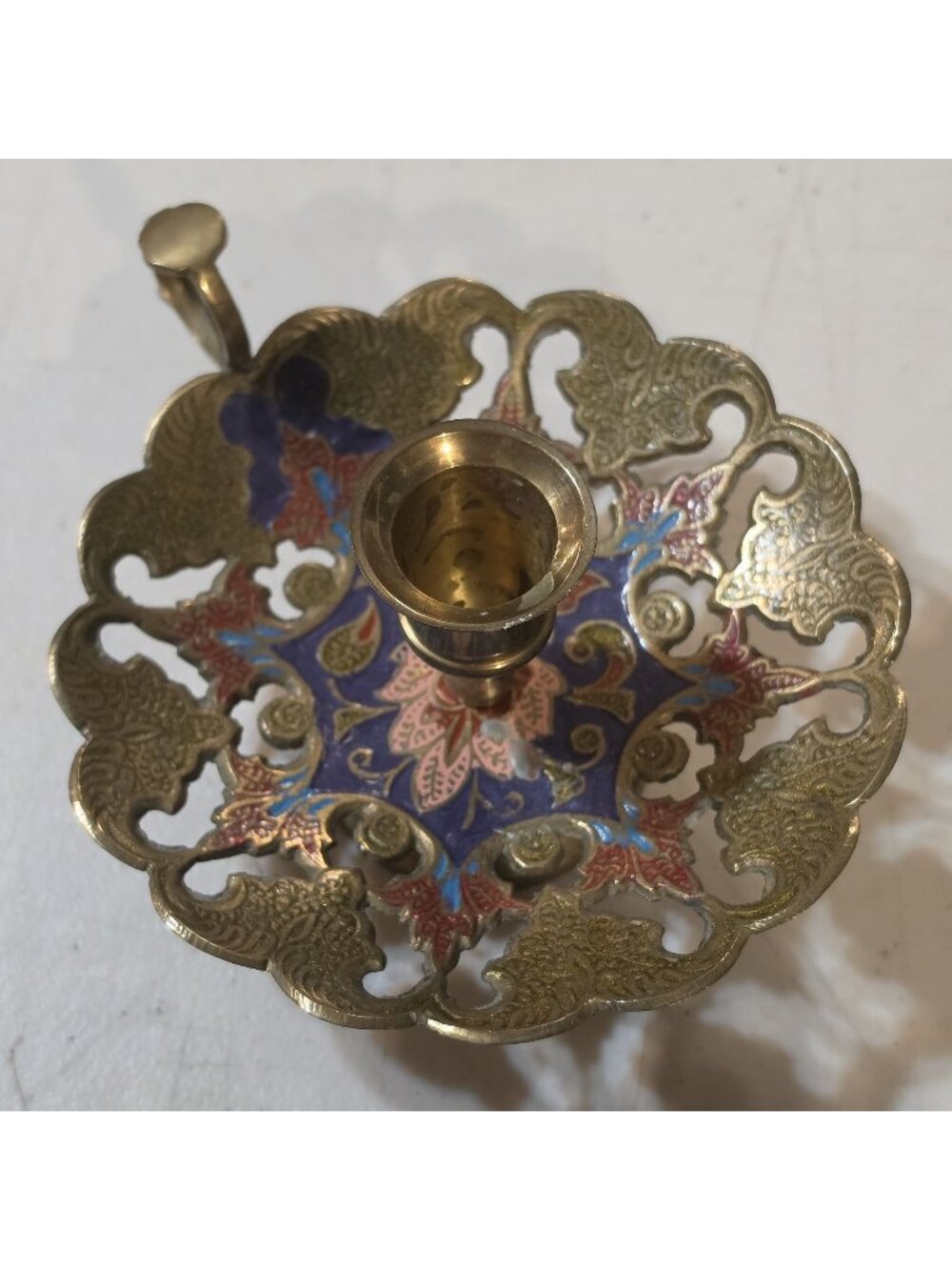 Vtg Brass Enamel Chamber Candlestick Ornate Floral Champleve Finger Ring Boho
